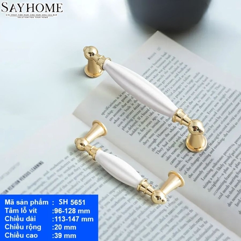 Tay nắm tủ tân cổ điển Vintage màu vàng mặt sứ trắng SH5651