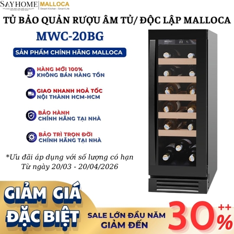 Tủ rượu MALLOCA MWC-20BG độc lập hoặc âm tủ 50L (20 chai) - Hàng chính hãng