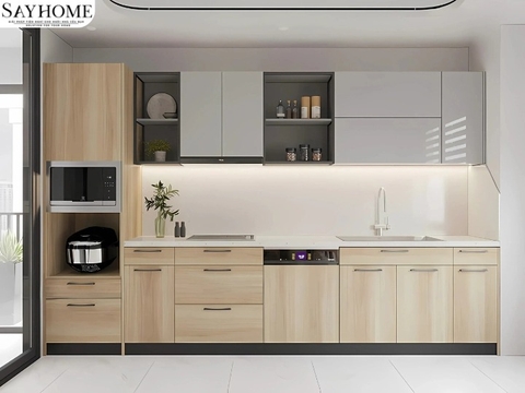 Mẫu tủ bếp SAYHOME chữ I phối cánh màu xám và vân gỗ, bố trí thiết bị đồng bộ