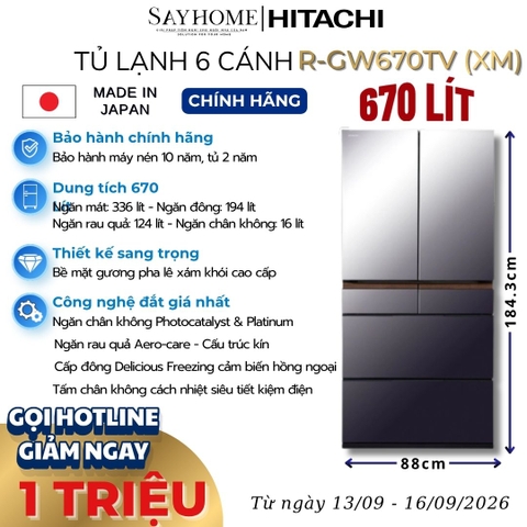 Tủ lạnh Multi Door 6 cánh màu xám khói Hitachi R-GW670TV (XM) 670 Lít - Hàng chính hãng