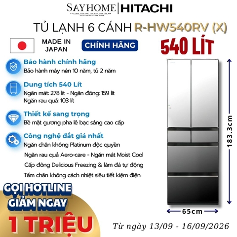 Tủ lạnh Multi Door 6 cánh gương pha lê Hitachi R-HW540RV (X) 540 Lít - Hàng chính hãng