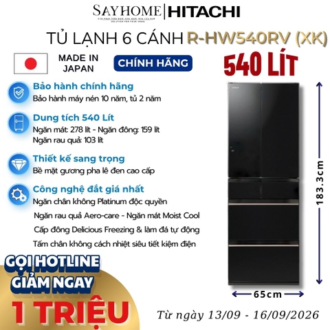 Tủ lạnh Multi Door 6 cánh đen pha lê Hitachi R-HW540RV (XK) 540 Lít - Hàng chính hãng