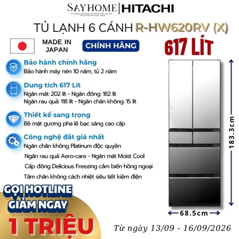 Tủ lạnh Multi Door 6 cánh gương pha lê Hitachi R-HW620RV (X) 617 Lít - Hàng chính hãng