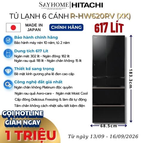 Tủ lạnh Multi Door 6 cánh đen Hitachi R-HW620RV (XK) 617 Lít - Hàng chính hãng