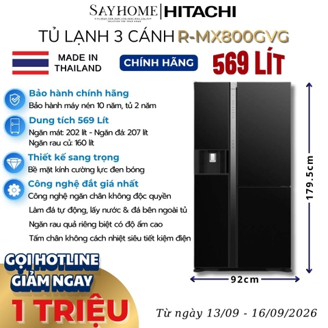 Tủ lạnh Multi Door 3 cánh màu đen Hitachi R-MX800GVG 569 Lít - Hàng chính hãng