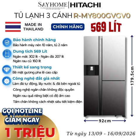 Tủ lạnh French Door 3 cánh Hitachi R-MY800GVGV0 569 Lít - Hàng chính hãng