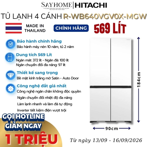 Tủ lạnh Multi Door 4 cánh màu trắng Hitachi R-WB640VGV0X-MGW 569 Lít - Hàng chính hãng