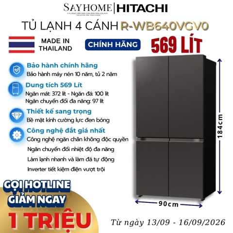 Tủ lạnh Multi Door 4 cánh màu đen Hitachi R-WB640VGV0 569 Lít - Hàng chính hãng