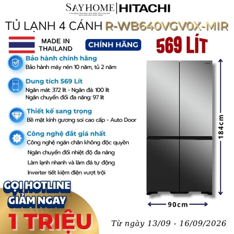 Tủ lạnh Multi Door 4 cánh gương Hitachi R-WB640VGV0X-MIR 569 Lít - Hàng chính hãng