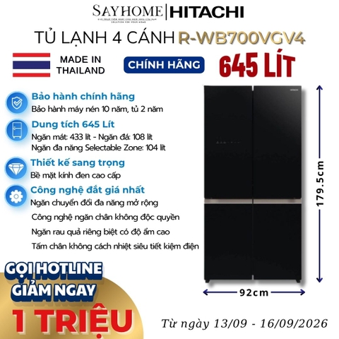 Tủ lạnh Multi Door 4 cánh màu đen Hitachi R-WB700VGV4 645 Lít - Hàng chính hãng