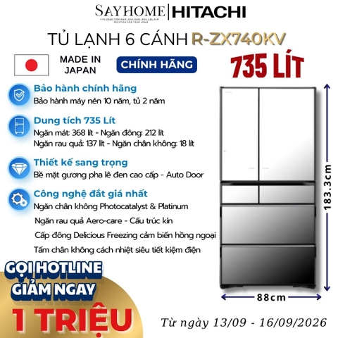 Tủ lạnh Multi Door 6 cánh gương pha lê Hitachi R-ZX740KV 735 Lít - Hàng chính hãng