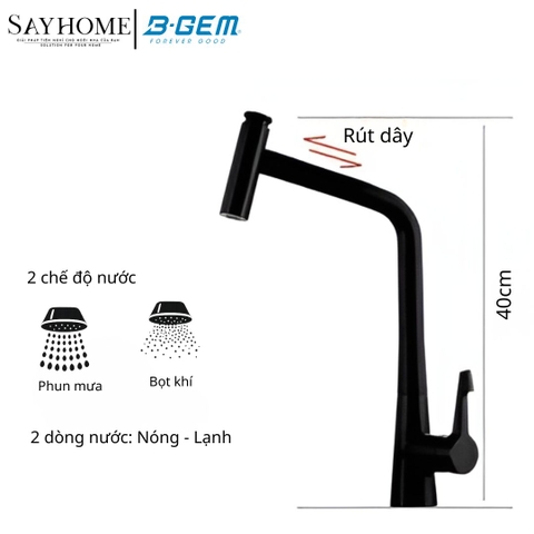 Vòi rửa chén bát B-GEM BG-A02 nóng lạnh dây rút cao cấp - Hàng chính hãng