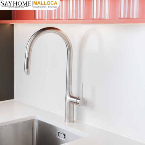 Vòi rửa chén MALLOCA K1726-SS dây rút 2 nguồn nóng, lạnh inox 304 - Hàng chính hãng