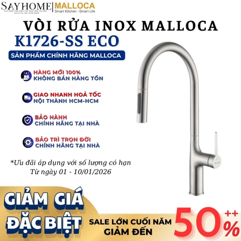 Vòi rửa chén MALLOCA K1726-SS ECO dây rút 2 nguồn nóng, lạnh inox 304 - Hàng chính hãng