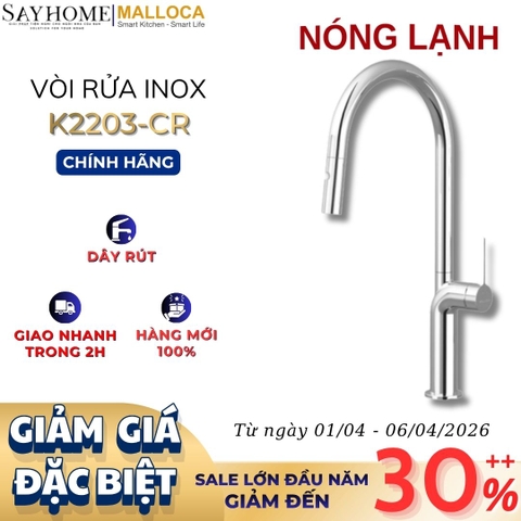Vòi rửa chén MALLOCA K2203-CR dây rút mạ Chrome 2 nguồn nóng, lạnh - Hàng chính hãng