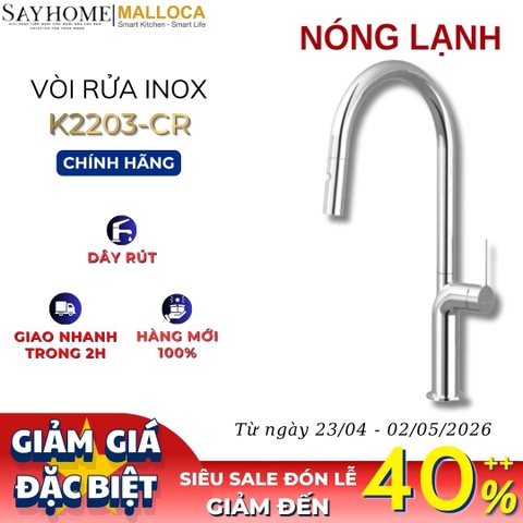 Vòi rửa chén MALLOCA K2203-CR dây rút mạ Chrome 2 nguồn nóng, lạnh - Hàng chính hãng