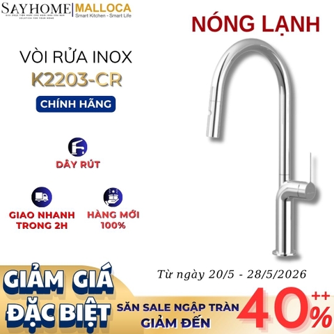 Vòi rửa chén MALLOCA K2203-CR dây rút mạ Chrome 2 nguồn nóng, lạnh - Hàng chính hãng