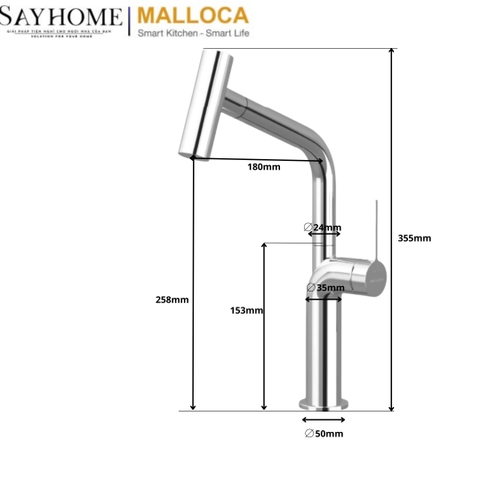 Vòi rửa chén MALLOCA K2206-CR dây rút mạ Chrome 2 nguồn nóng, lạnh - Hàng chính hãng