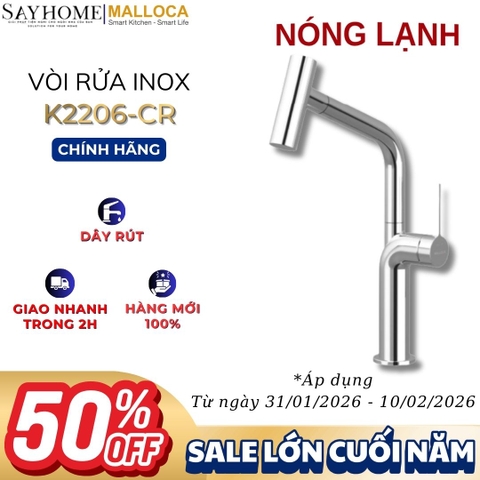 Vòi rửa chén MALLOCA K2206-CR dây rút mạ Chrome 2 nguồn nóng, lạnh - Hàng chính hãng