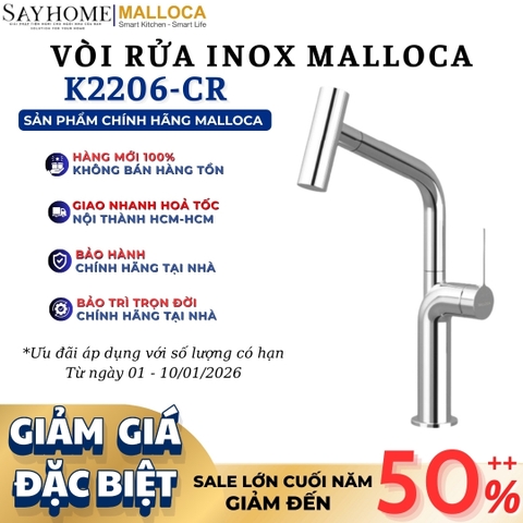 Vòi rửa chén MALLOCA K2206-CR dây rút mạ Chrome 2 nguồn nóng, lạnh - Hàng chính hãng