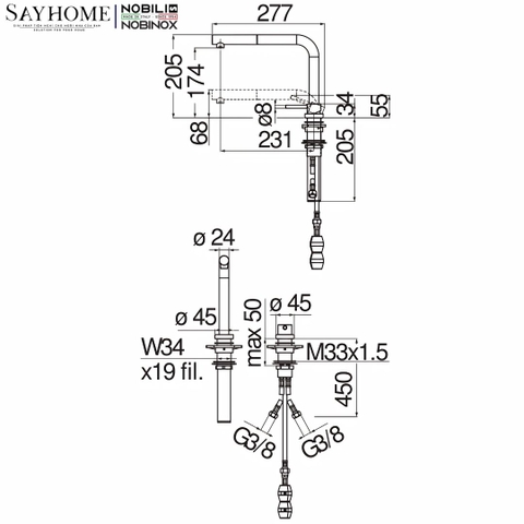 Vòi rửa chén NOBILI TABLE NB242 dây rút 2 chế độ - Hàng chính hãng
