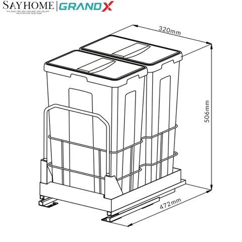 Thùng rác đôi GrandX XW.D40M cở lớn lắp âm tủ cánh kéo - Hàng chính hãng