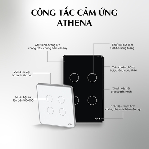 Công tắc cảm ứng nhà thông minh FPT Smart Home Athena chữ nhật màu đen 4 nút
