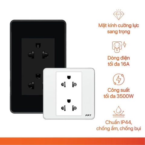 Ổ Cắm Mặt Kính Âm Tường FPT Chữ Nhật Màu Trắng