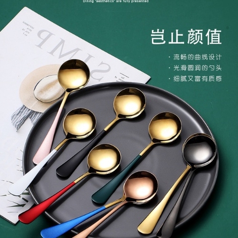 Thìa Inox 304 cao cấp độ dày 3.5mm mạ vàng cán dài nhiều màu sắc( kèm túi)