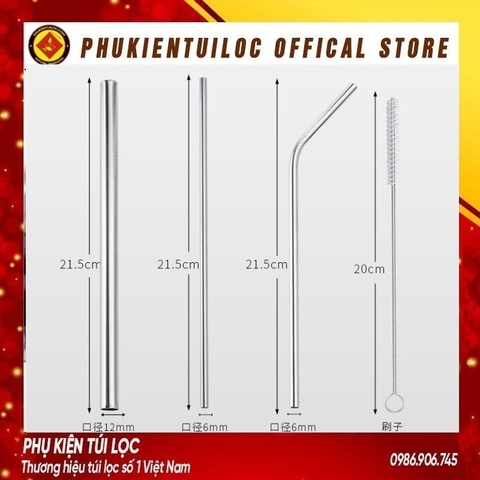 BỘ ỐNG HÚT INOX Thép Không Gỉ Cao Cấp Và Bàn Chải Cọ Rửa - Ống Hút Dài Đủ Size Cho Mọi Đồ Uống & Trà Sữa