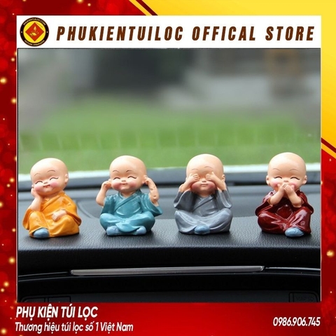 [Tặng 4 Miếng Dính 10K] Bộ Tượng Chú Tiểu Hòa Thượng Tứ Không - Phật Phong Thủy Mini 4 Tư Thế, Trang Trí Xe Hơi, Để Bàn