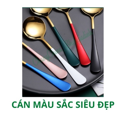 Thìa Inox 304 cao cấp độ dày 3.5mm mạ vàng cán dài nhiều màu sắc( kèm túi)