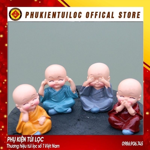 [Tặng 4 Miếng Dính 10K] Bộ Tượng Chú Tiểu Hòa Thượng Tứ Không - Phật Phong Thủy Mini 4 Tư Thế, Trang Trí Xe Hơi, Để Bàn
