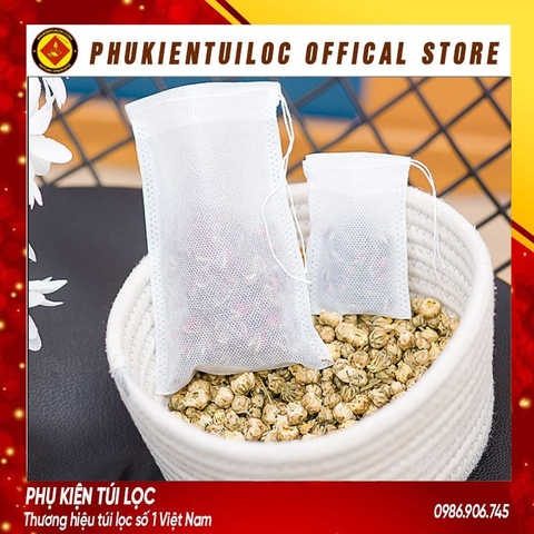 Combo 100 túi lọc trà, cafe,thảo dược có dây rút chất liệu vải không dệt- 8x10cm