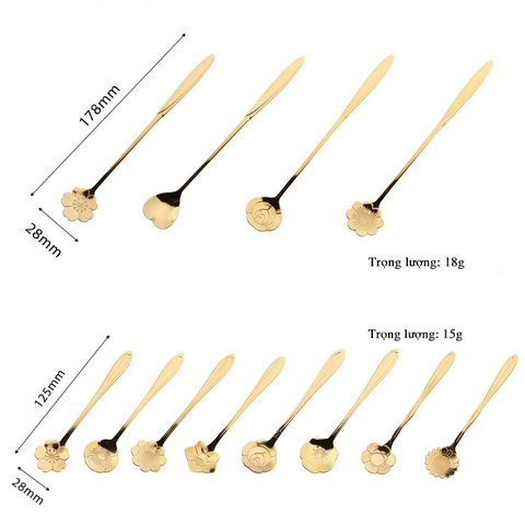 Thìa cafe, muỗng cafe inox 304 cao cấp, hai màu vàng bạc sang trọng hoa văn siêu đẹp trang trí bàn ăn, decor