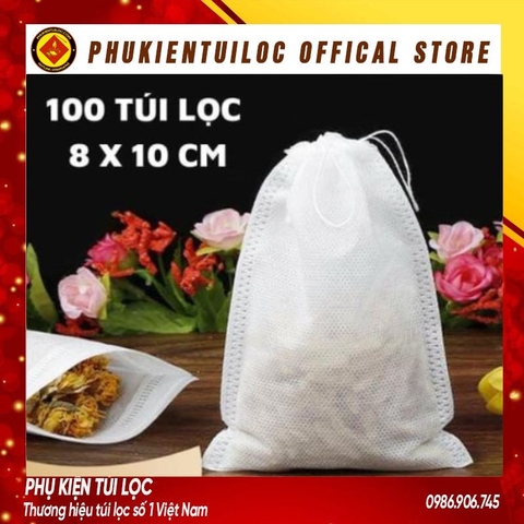 Combo 100 túi lọc trà, cafe,thảo dược có dây rút chất liệu vải không dệt- 8x10cm