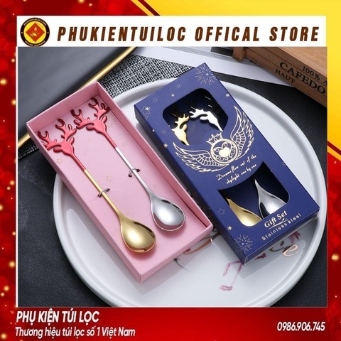 Bộ thìa dĩa sừng hươu inox 304 dụng cụ pha trà, cafe mừng giáng sinh, năm mới- Phukientuiloc.com