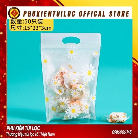 Set 100 Túi đựng bánh cookie/ bánh quy/ trà hoa( túi trắng mờ hoa cúc) nhiều kích thước- Phukientuiloc.com