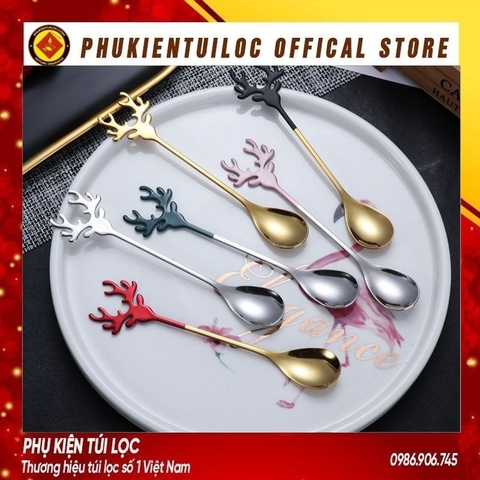 Bộ thìa dĩa sừng hươu inox 304 dụng cụ pha trà, cafe mừng giáng sinh, năm mới- Phukientuiloc.com