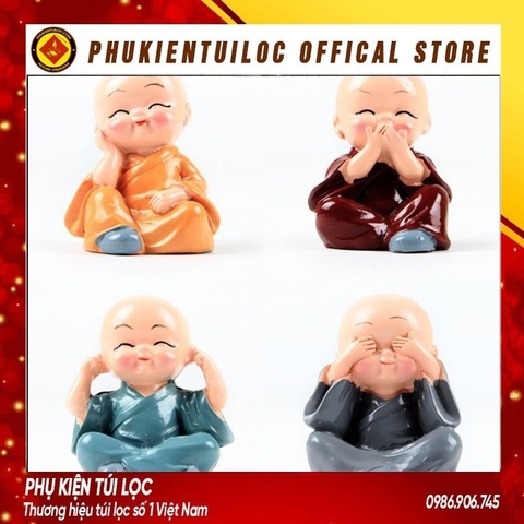 [Tặng 4 Miếng Dính 10K] Bộ Tượng Chú Tiểu Hòa Thượng Tứ Không - Phật Phong Thủy Mini 4 Tư Thế, Trang Trí Xe Hơi, Để Bàn