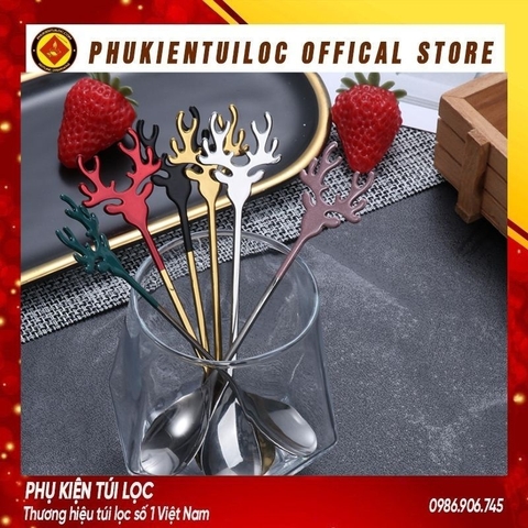 Bộ thìa dĩa sừng hươu inox 304 dụng cụ pha trà, cafe mừng giáng sinh, năm mới- Phukientuiloc.com