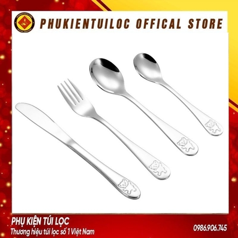 Thìa, dĩa, dao gấu trẻ em inox 410,430,304 mạ vàng thiết kế hiện đại sáng trọng độ dài 13-15-17cm