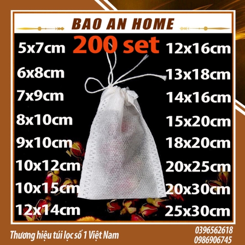 ( Sỉ) Combo 100 Túi lọc trà, cà phê vải không dệt có dây rút - Túi lọc nhiều kích thước