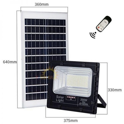 Đèn pha năng lượng mặt trời 200W JD-8200L ánh sáng trắng vỏ nhôm