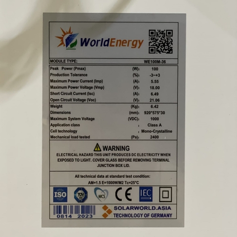 Pin năng lượng mặt trời mono World Energy 100Wp