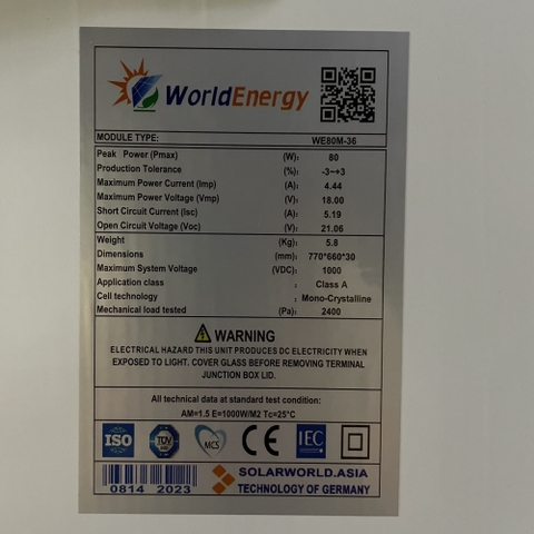 Pin năng lượng mặt trời Mono World Energy 80Wp