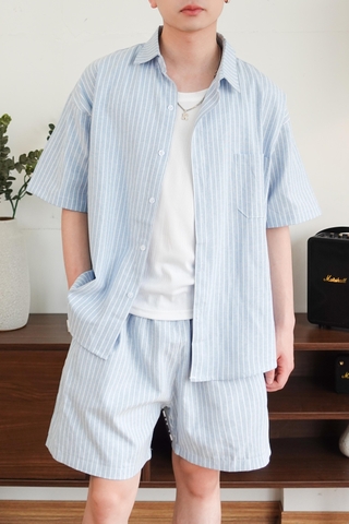 Bộ sơ mi & quần short Xanh kẻ Sọc vải Kate oxford