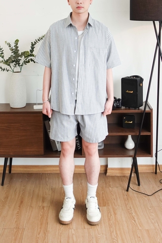 Bộ sơ mi & quần short Xanh kẻ sọc vải Kate oxford