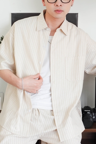 Bộ sơ mi & quần short Be kẻ Sọc vải Kate oxford