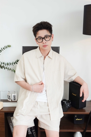 Bộ sơ mi & quần short Be kẻ Sọc vải Kate oxford